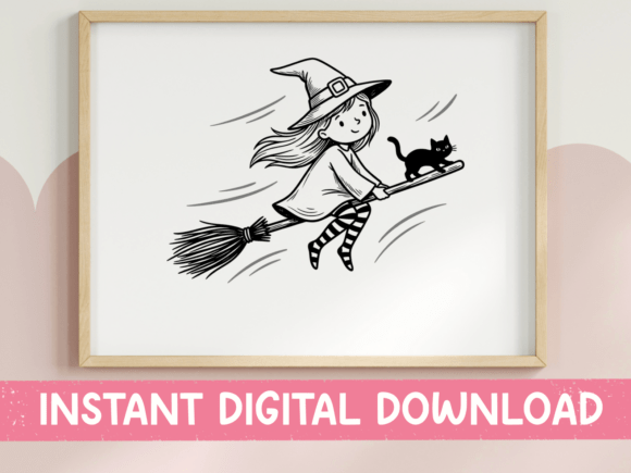 Download Witch Girl on Broomstick with Black Cat - Premium Bundle