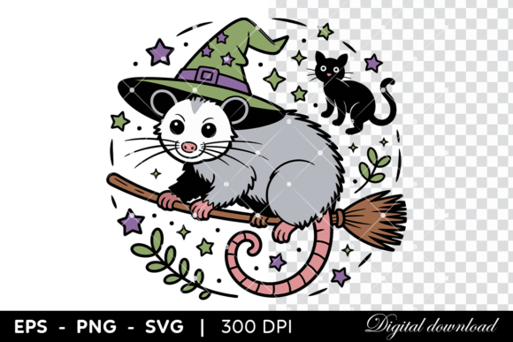 Download Witchy Possum Riding Broomstick with Cat - Premium Resources